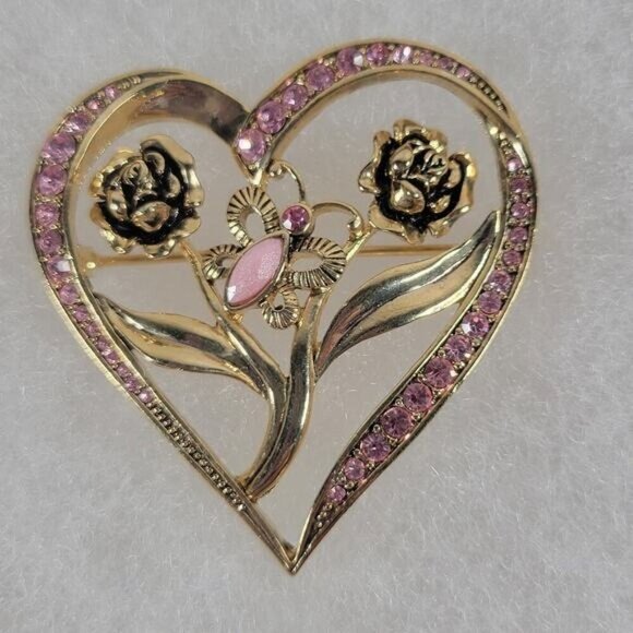 Unbranded Jewelry - Vintage Gold Tone Classic Modest Floral Heart with Butterfly Flowers Rose Pin